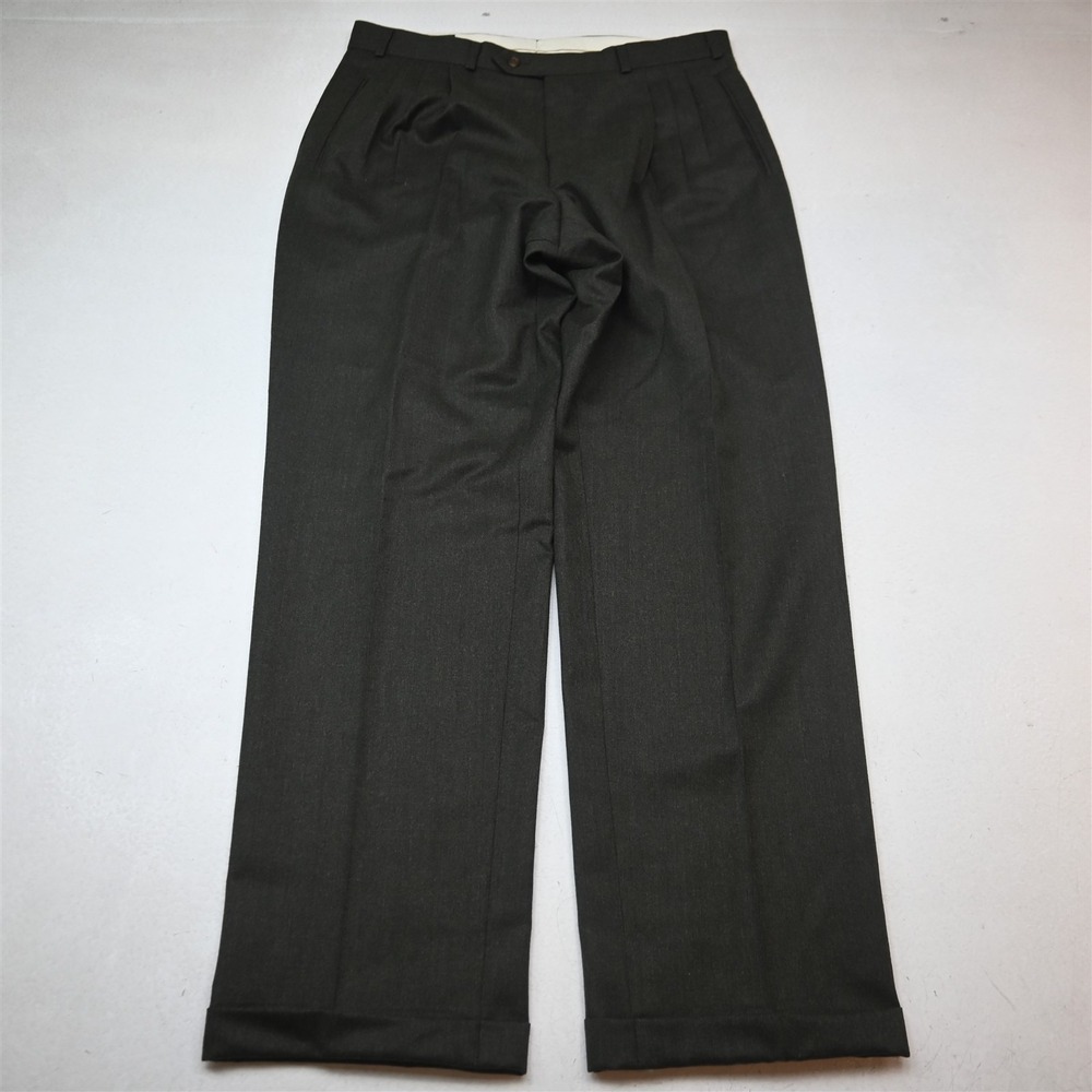 Vtg Brandini 34x34 Green 100% Wool Flannel Pleated Cuffed High Waist Baggy Pants